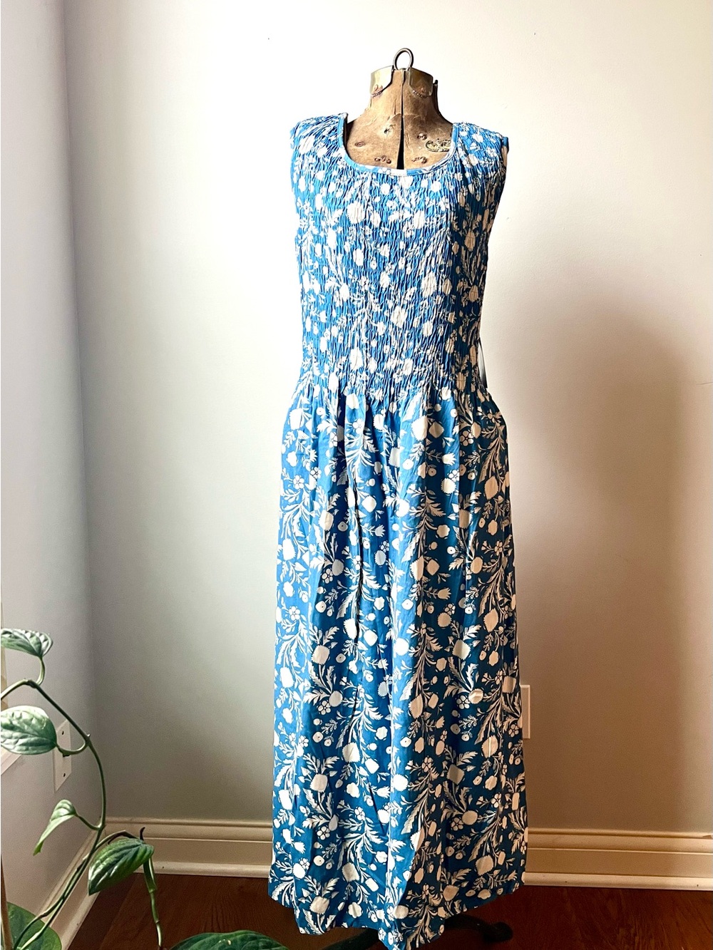 Blue and White Smocked Maxi Dress